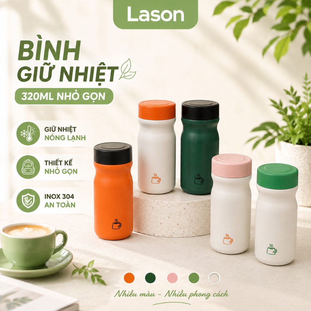Bình nước giữ nhiệt Café Lason, bình giữ nhiệt 320ml nhỏ gọn, bình đựng cà phê inox 316