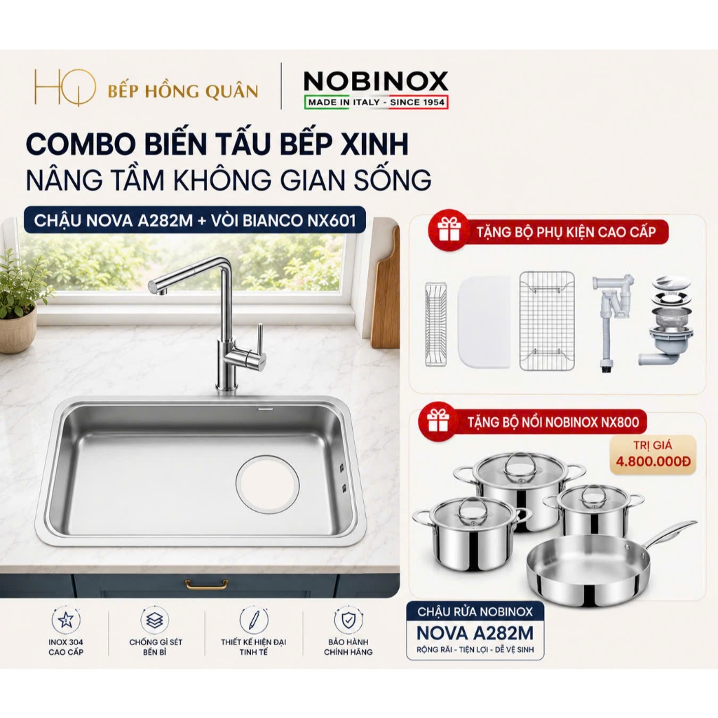 Chậu rửa bát 1 hố Nobinox NOVA A282M + Vòi rửa BIANCO NX601 ( Tặng Bộ Nồi PLANUM NX800 )