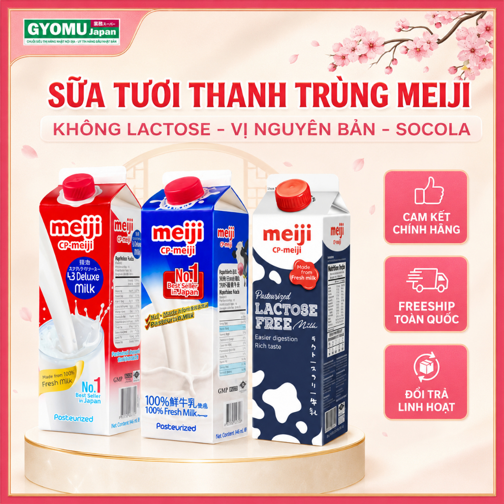 Sữa tươi thanh trùng Meiji, Sữa tươi thanh trùng không lactose 946ml - Gyomu Japan