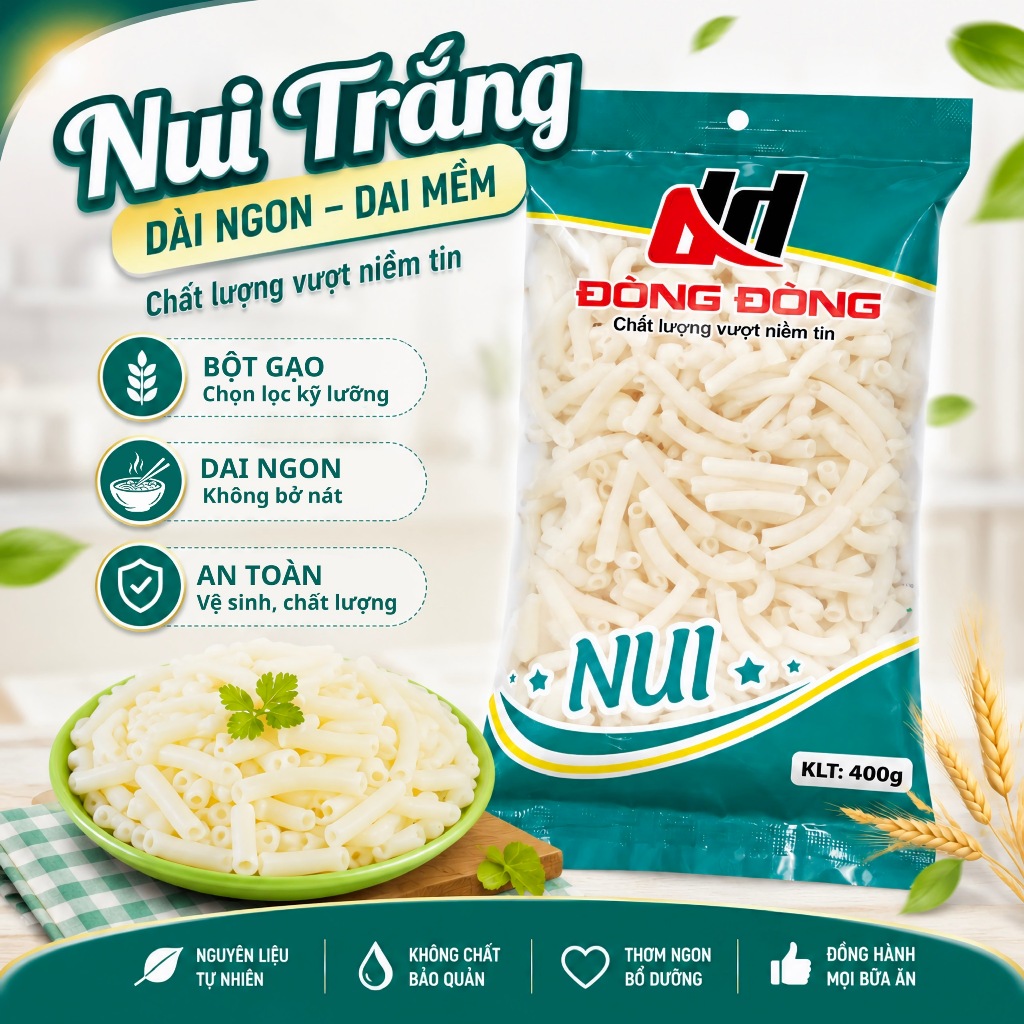 Nui trắng dài cao cấp – Nui ống nấu soup, nui xào, nui sốt cực ngon – Gói tiện lợi 400g
