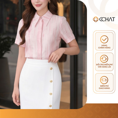 Áo Sơ Mi Nữ 𝐂𝐂𝐇𝐀𝐓 Dáng Suông Motif Trang Trí Smoking Bất Cân Xứng Chất Liệu Mềm Mịn 16FNT2111ST