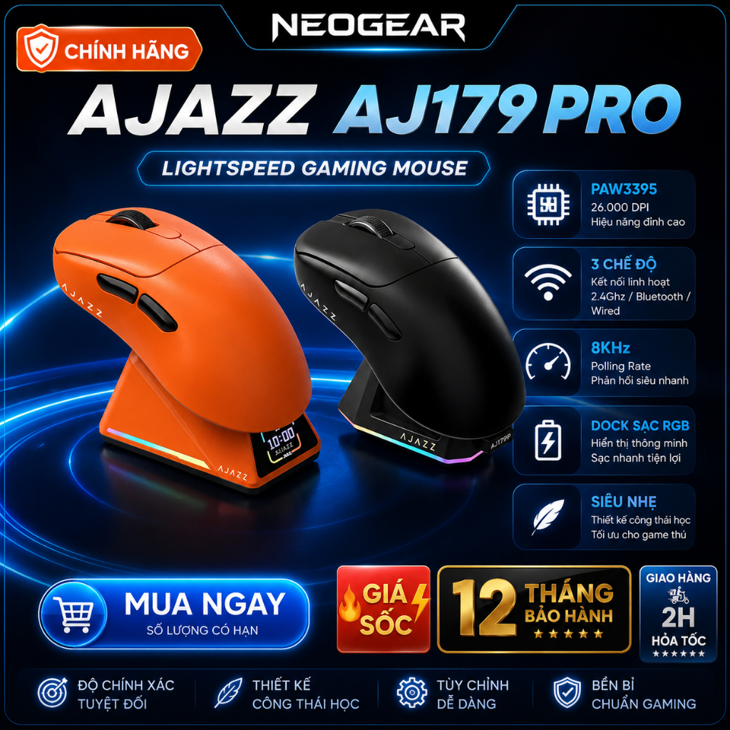 ⚡Chuột Gaming không dây AJAZZ AJ179 Pro -8KHz | 26000 DPI | Dock sạc RGB | Tri-mode | Sensor PAW3395
