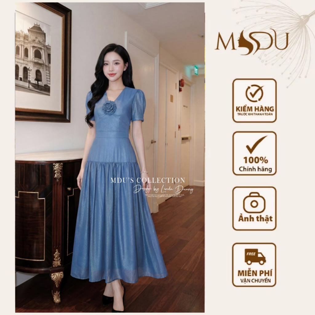 Váy Thiết Kế MDU5513 Tơ Óng Hàn Xanh Than Hoa 3D Bay Bổng Thanh Lịch