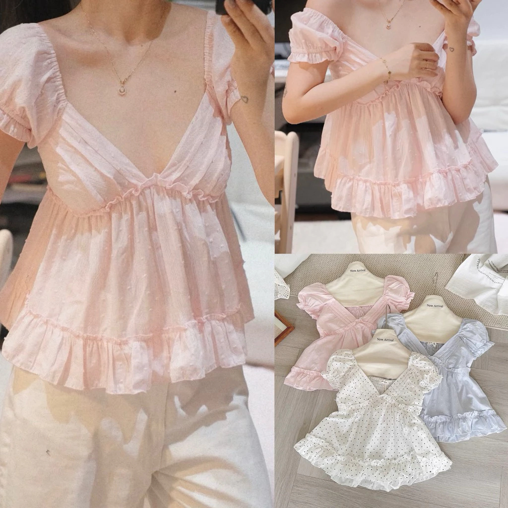 [Hàng Loại 1] Áo babydoll cổ V xếp ly tay ngắn bồng form xoè hoạ tiết chấm bi Rosy Top | BigBuy360 - bigbuy360.vn