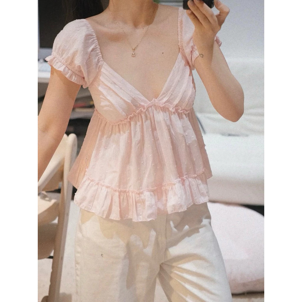 [Hàng Loại 1] Áo babydoll cổ V xếp ly tay ngắn bồng form xoè hoạ tiết chấm bi Rosy Top | BigBuy360 - bigbuy360.vn