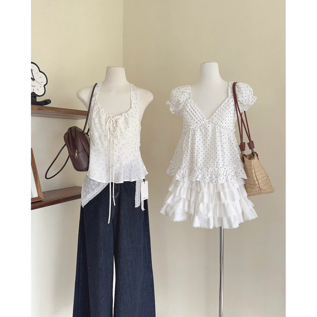 [Hàng Loại 1] Áo babydoll cổ V xếp ly tay ngắn bồng form xoè hoạ tiết chấm bi Rosy Top | BigBuy360 - bigbuy360.vn