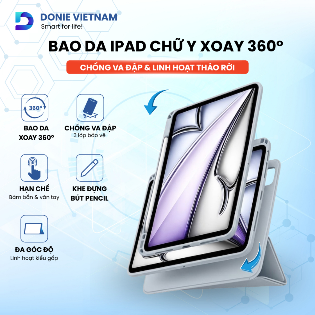 Bao Da iPad Chữ Y Xoay 360 Độ Chống Sốc 3 Lớp DonieVietnam Kèm Khay Bút Tháo Rời Cho Gen/Air/Pro P19