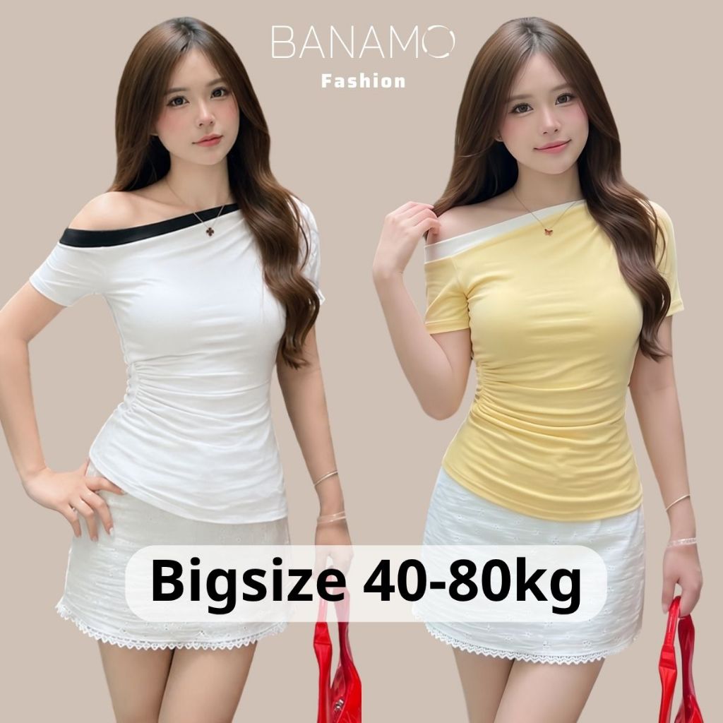 Áo thun nữ BIGSIZE Banamo Fashion áo cộc tay lệch vai phối viền nhún eo ôm body tôn dáng trẻ trung dễ phối đồ 311 | BigBuy360 - bigbuy360.vn