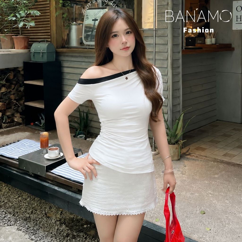 Áo thun nữ BIGSIZE Banamo Fashion áo cộc tay lệch vai phối viền nhún eo ôm body tôn dáng trẻ trung dễ phối đồ 311 | BigBuy360 - bigbuy360.vn