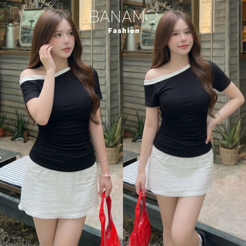 Áo thun nữ BIGSIZE Banamo Fashion áo cộc tay lệch vai phối viền nhún eo ôm body tôn dáng trẻ trung dễ phối đồ 311 | BigBuy360 - bigbuy360.vn