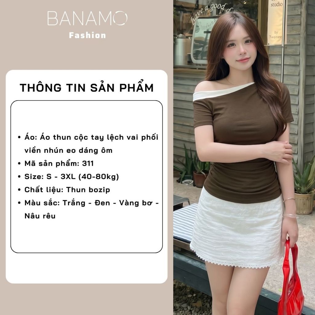Áo thun nữ BIGSIZE Banamo Fashion áo cộc tay lệch vai phối viền nhún eo ôm body tôn dáng trẻ trung dễ phối đồ 311 | BigBuy360 - bigbuy360.vn