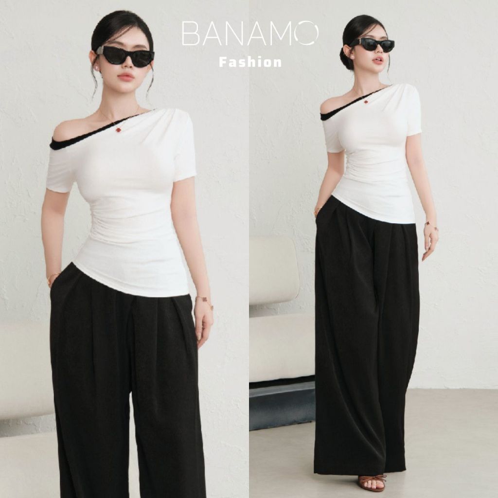 Áo thun nữ BIGSIZE Banamo Fashion áo cộc tay lệch vai phối viền nhún eo ôm body tôn dáng trẻ trung dễ phối đồ 311 | BigBuy360 - bigbuy360.vn
