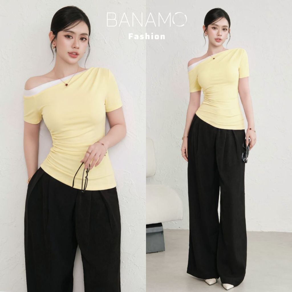 Áo thun nữ BIGSIZE Banamo Fashion áo cộc tay lệch vai phối viền nhún eo ôm body tôn dáng trẻ trung dễ phối đồ 311 | BigBuy360 - bigbuy360.vn