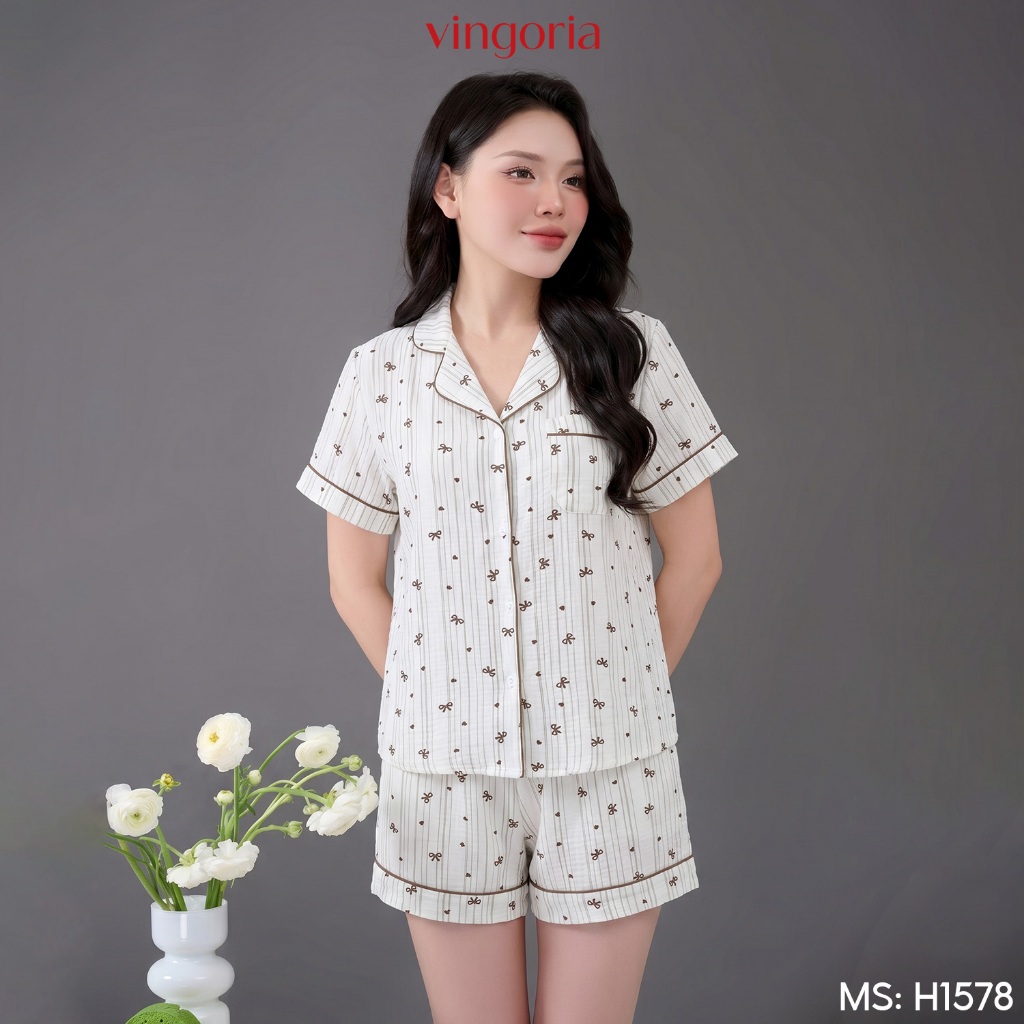 Bộ đồ ngủ nữ Pijama đũi mặc nhà VINGO/VINGORIA tay ngắn mùa hè H1545, H1546, H1547, H1578 | BigBuy360 - bigbuy360.vn