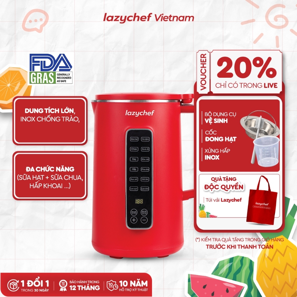 Máy làm sữa hạt 12in1 Lazychef, máy nấu cháo, pha trà, làm sữa mát, bảo hành chính hãng 12 tháng VHL