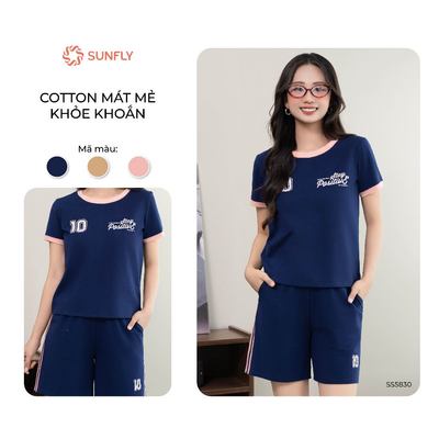 Bộ thể thao nữ SUNFLY cotton compact co dãn thoải mái áo cộc quần sooc năng động SS5830