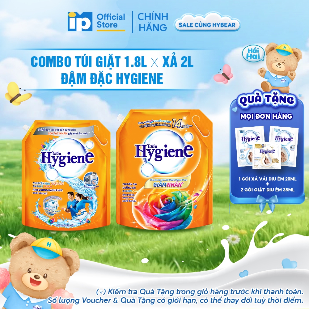 Combo Túi Nước giặt Đậm Đặc Hygiene 1.8L x Nước Xả Vải Đậm Đặc Hygiene 2L/2.2L - Hương Ánh Dương Hạn