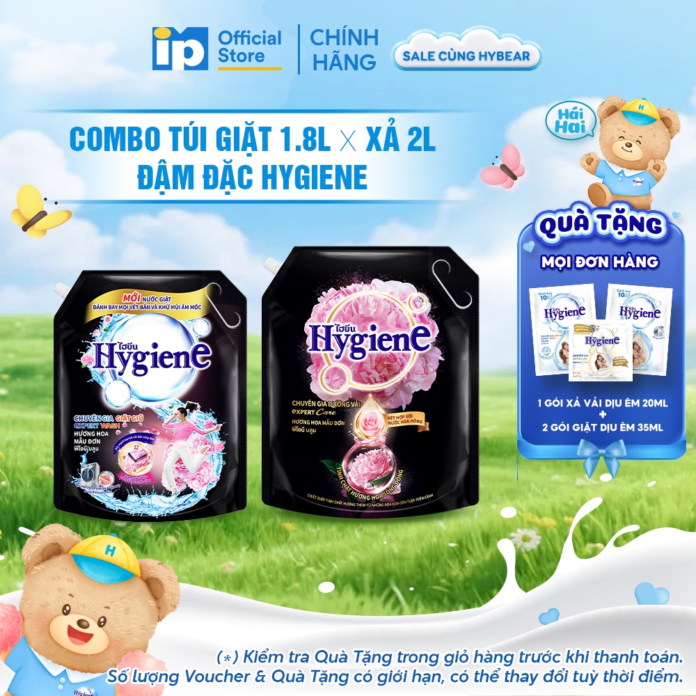 Combo Túi Nước giặt Đậm Đặc Hygiene 1.8L x Nước Xả Vải Đậm Đặc Hygiene 2L/2.2L - Hương Hoa Mẫu Đơn