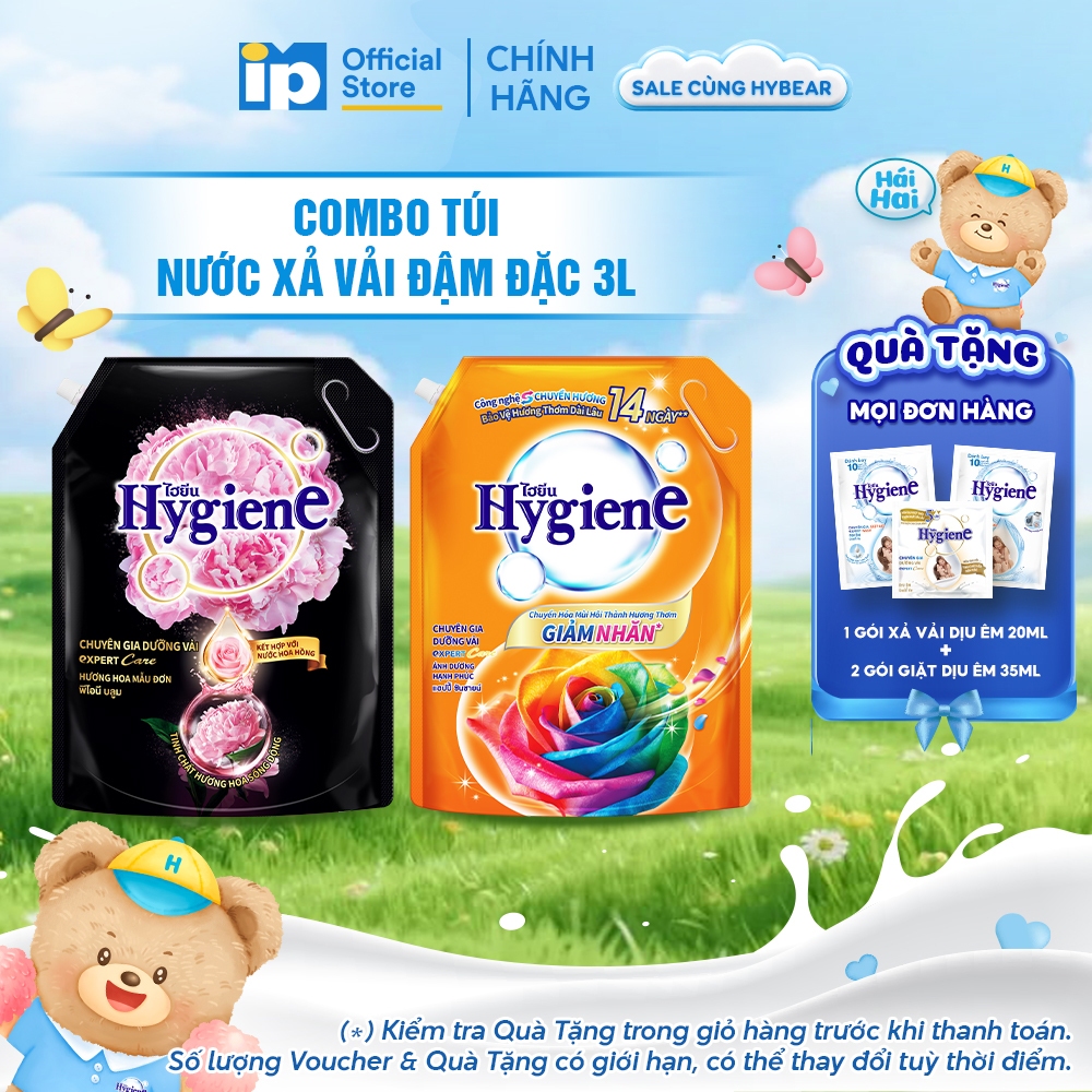 Nước Xả Vải Đậm Đặc Hygiene 3L (Hoa Mẫu Đơn/ Ánh Dương Hạnh Phúc) x 2 Túi