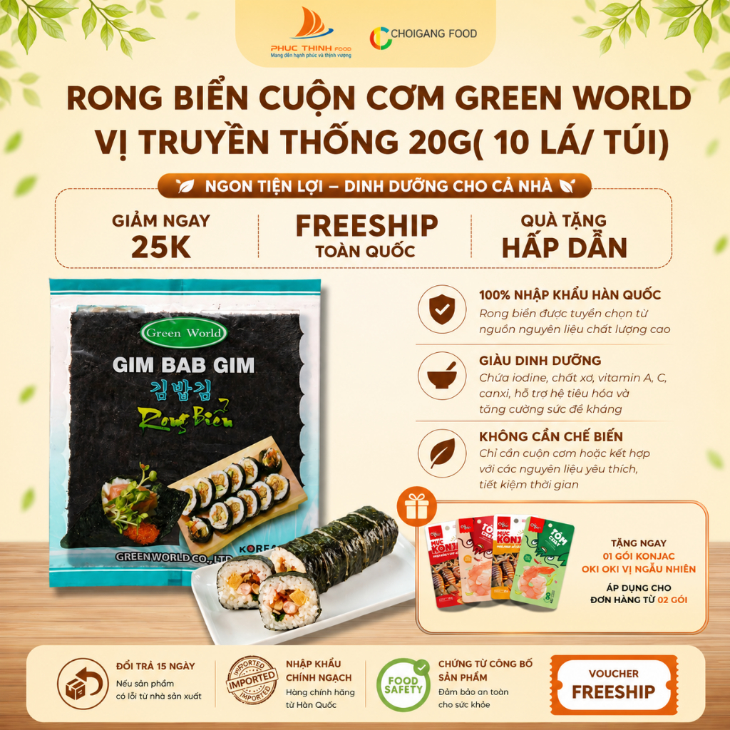 Rong biển cuộn cơm Hàn Quốc Gim Bab Gim, set 10 lá kim Green World