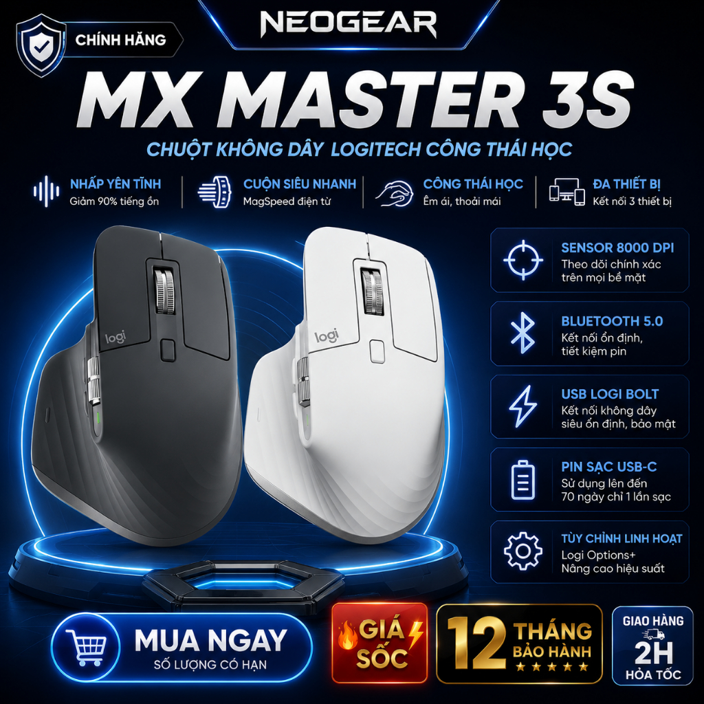 Chuột Không Dây Bluetooth Logitech MX Master 3S - Nhấp Yên Tĩnh, Cuộn Siêu Nhanh, Công Thái Học