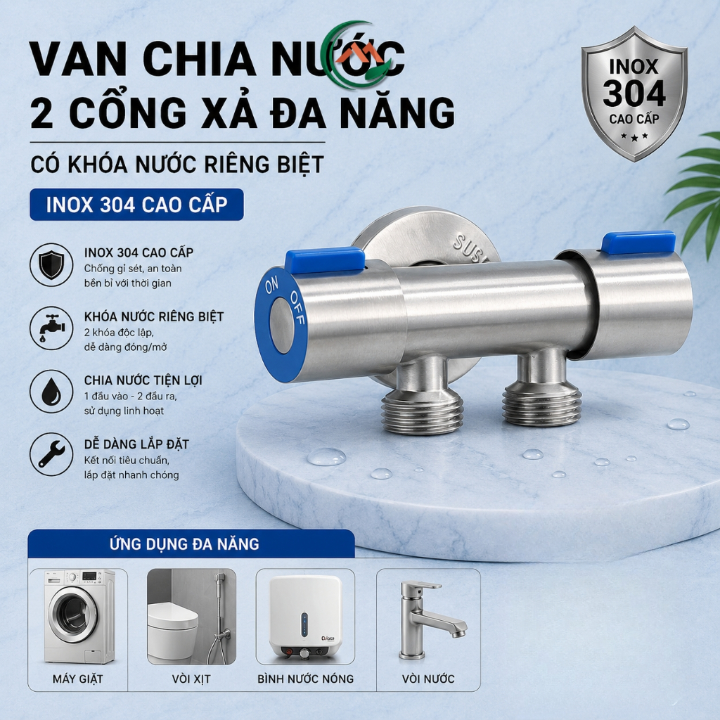 Van chia nước 2 cồng xả đa năng, có khóa nước riêng biệt tiện dụng, dùng chia nước bồn cầu, xịt vs, 