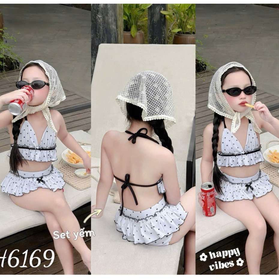 [TẶNG KÈM KHĂN] Đồ bơi cho bé gái 10-12 tuổi, Đồ bơi bé gái 10 tuổi, Bikini 2 mảnh 3ct chấm bi 10-30