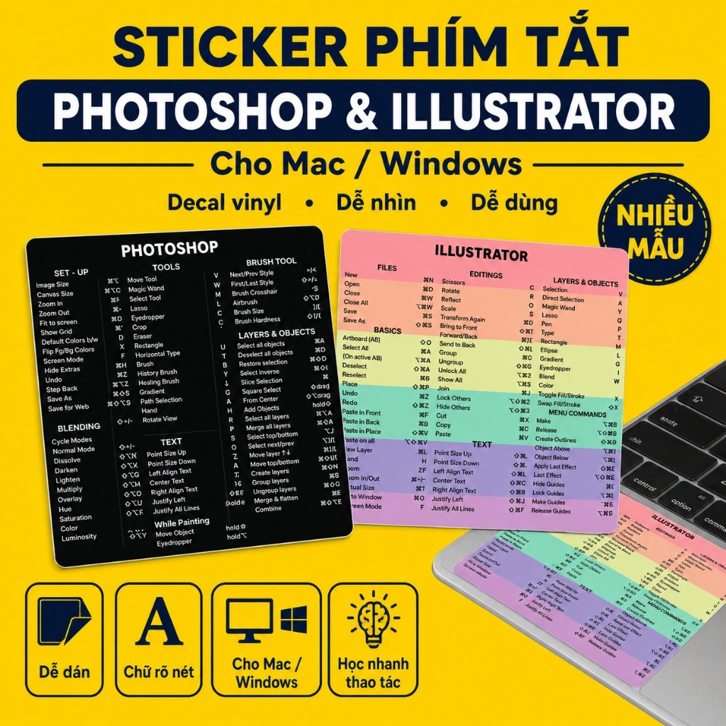 Miếng dán phím tắt Adobe Photoshop & Illustrator - Adobe Shortcut Sticker Vinyl - Dành cho Mac và Wi