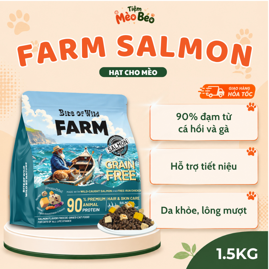Hạt Cho Mèo Bite Of Wild Farm Cá Hồi, Gói 1.5KG, 90% Thịt Cá Hồi Na Uy, Không ngũ cốc
