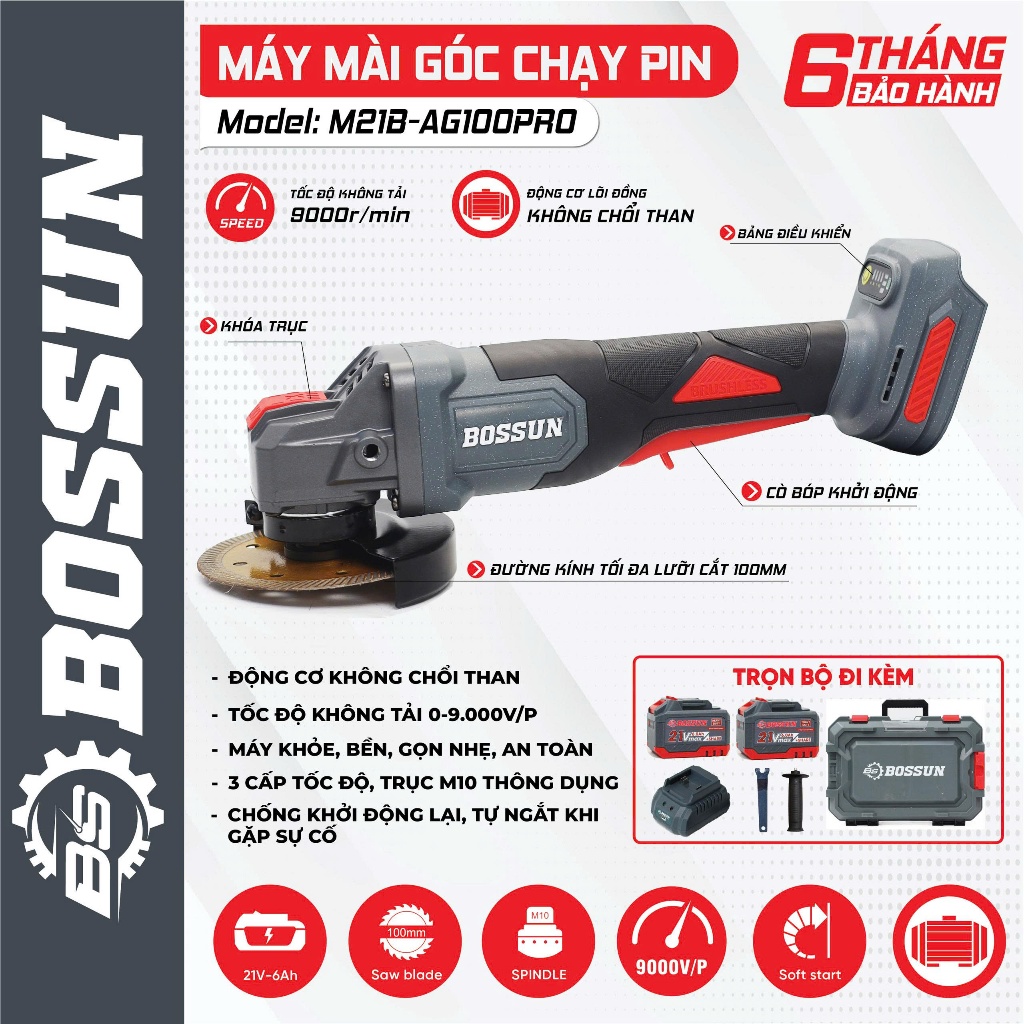 Máy Mài Góc Pin BOSSUN M21B-AG100PRO 21V Không Chổi Than 9000rpm Đĩa 100mm 2 Pin 6Ah Chính Hãng