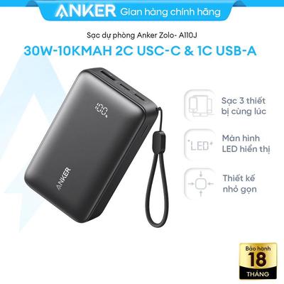 [NEW] Sạc dự phòng Anker Zolo 10.000mAh 30W | 2C1A sạc nhanh| Pin LFP an toàn | Sạc nhanh nhỏ gọn bỏ túi- A110J