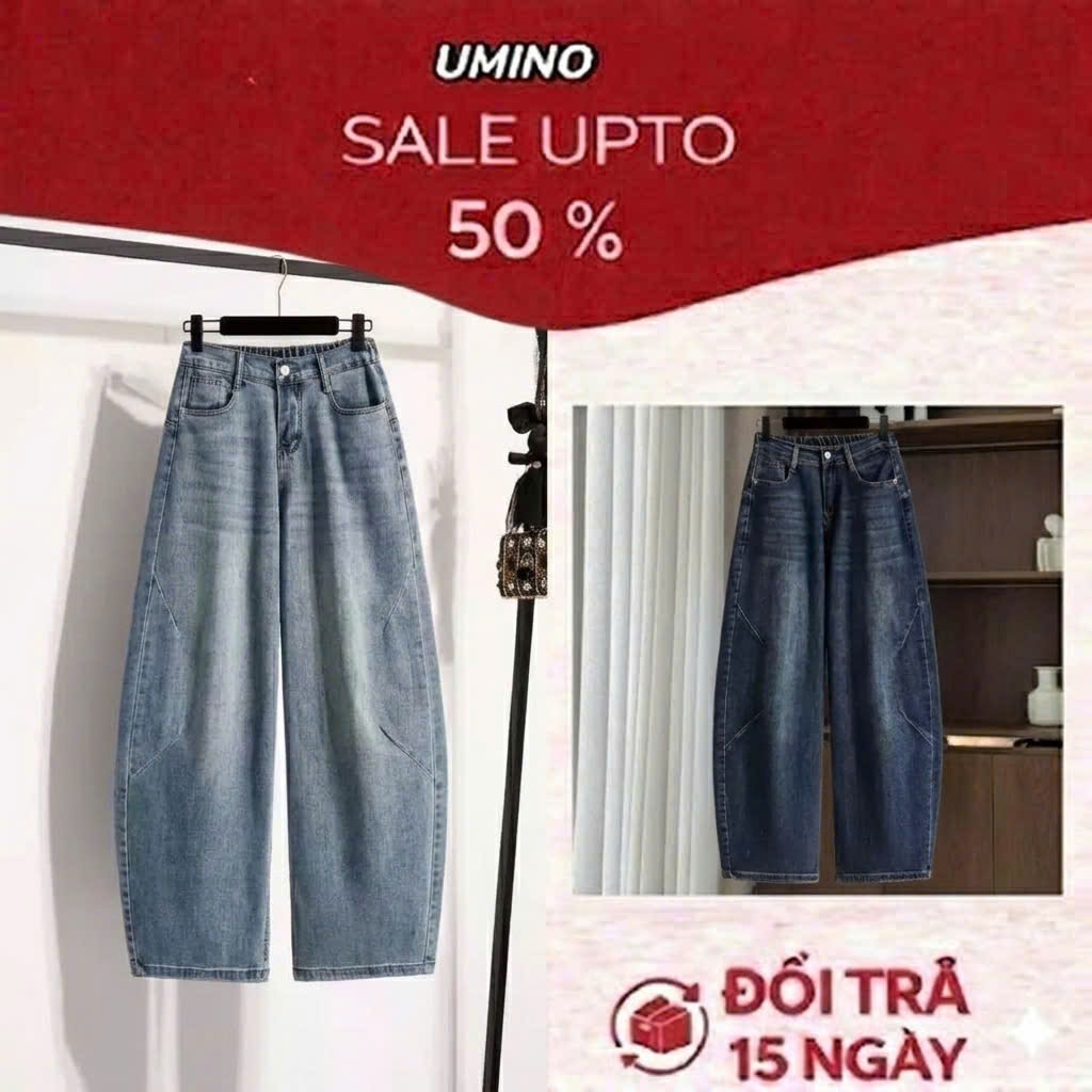 Quần Jean Nữ Baggy Barrel Leg Ống Cong Cá Tính Che Khuyết Điểm
