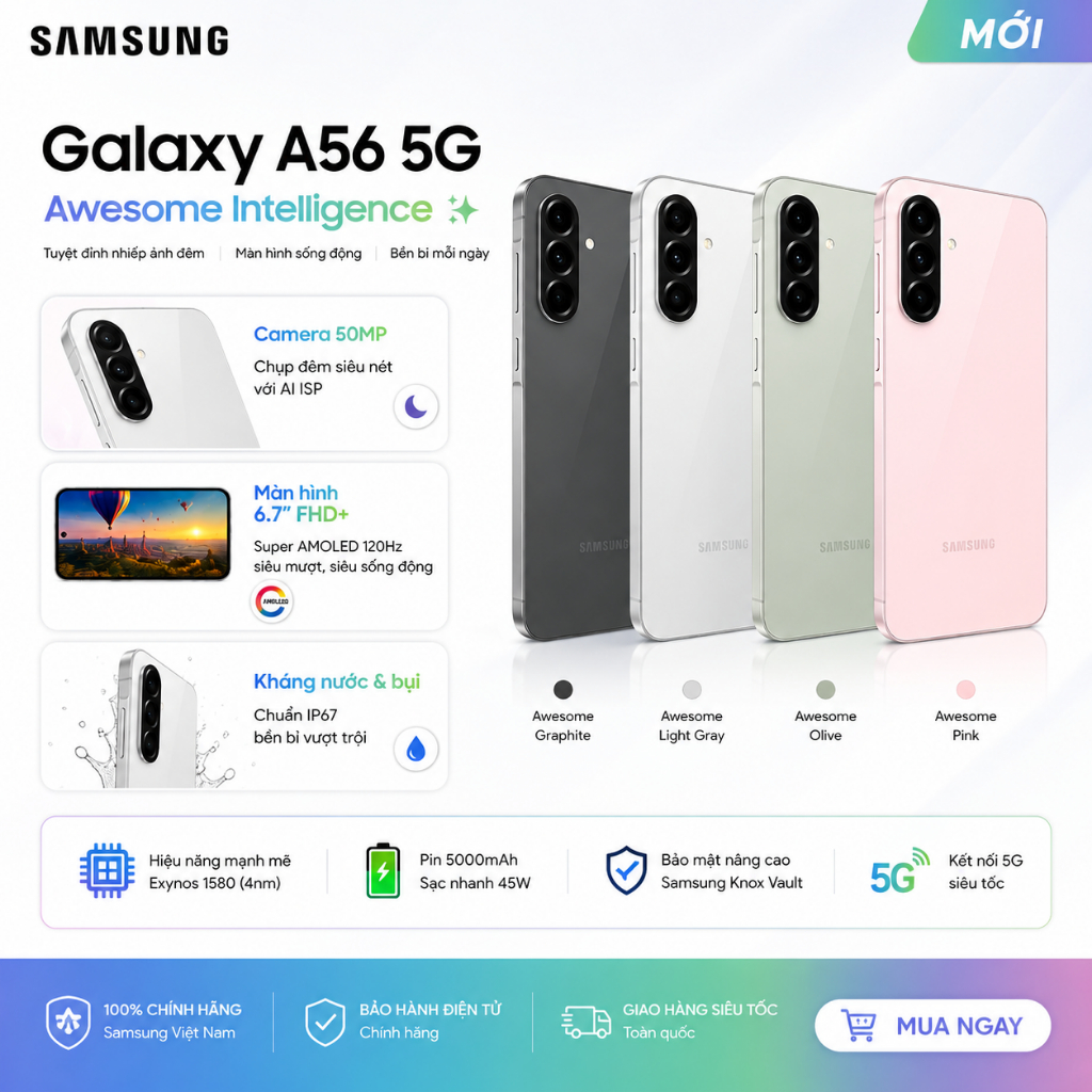 Điện Thoại Samsung Galaxy A56 5G RAM 8GB Bộ Nhớ 128GB Chip Exynos 1580 Chính Hãng