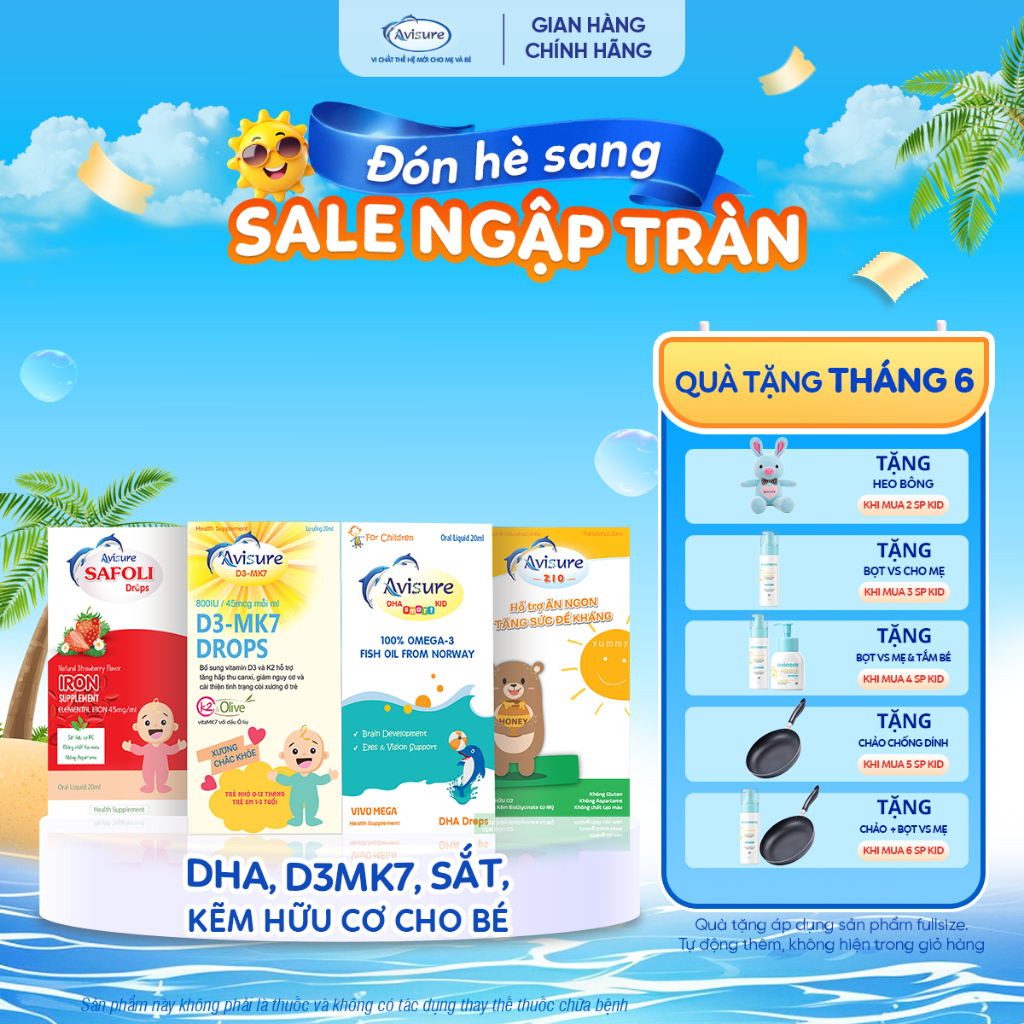TPBVSK Bộ tứ Avisure sắt hữu cơ, D3K2, DHA Từ Dầu Cá Na Uy, Kẽm Hữu Cơ Cho Bé