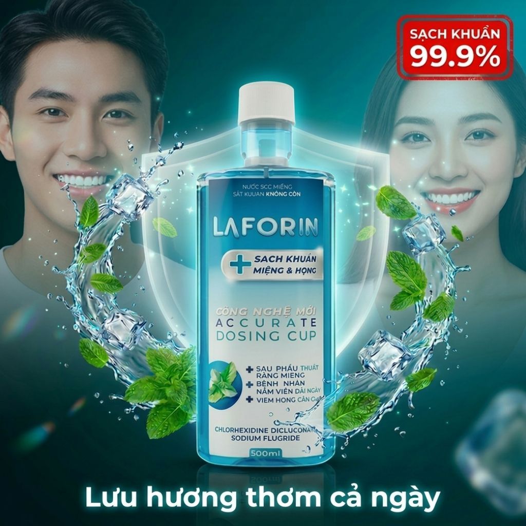 Nước súc miệng sát khuẩn Laforin Chlorhexidine, dùng hàng ngày, ngăn ngừa viêm họng, nhiệt miệng (Ch