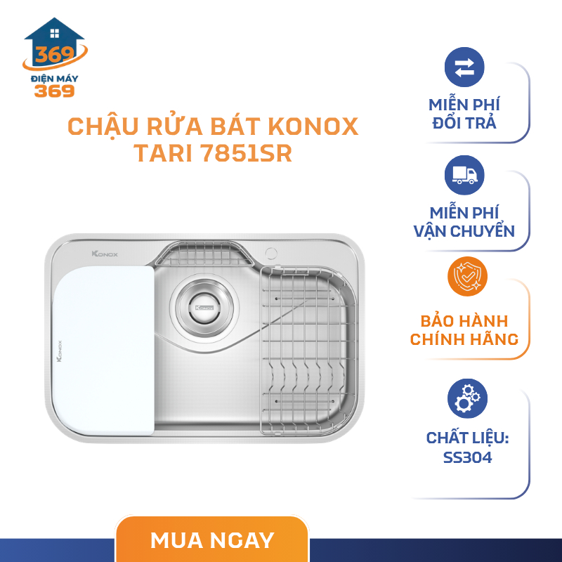 Chậu Rửa Bát Konox Tari 7851SR – Inox SS304 Cao Cấp – Lòng Chậu Sâu Hạn Chế Bắn Nước – SMC