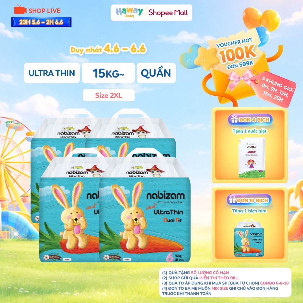 Combo 4 Tã Bỉm Quần Nabizam Ultra Thin 2XL22 Chính Hãng Hàn Quốc, 15-20kg, 22 Miếng Thấm Hút Vượt Tr