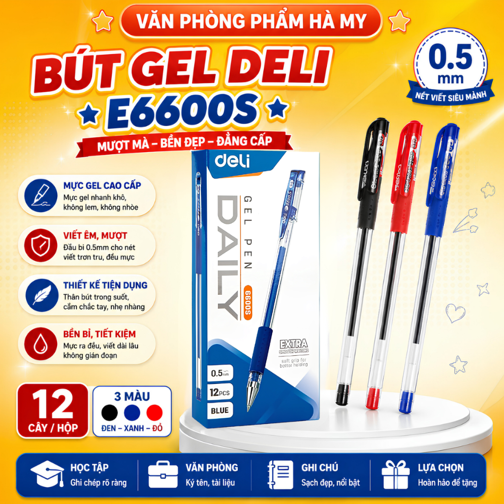 Hộp 12 Cây Bút bi mực gel nắp đậy 0.5mm Deli E6600S