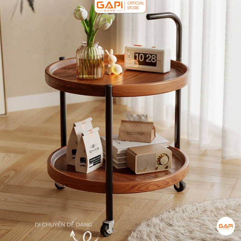 Bàn trà di động 2 tầng chân đen màu óc chó thương hiệu GAPI - GM188