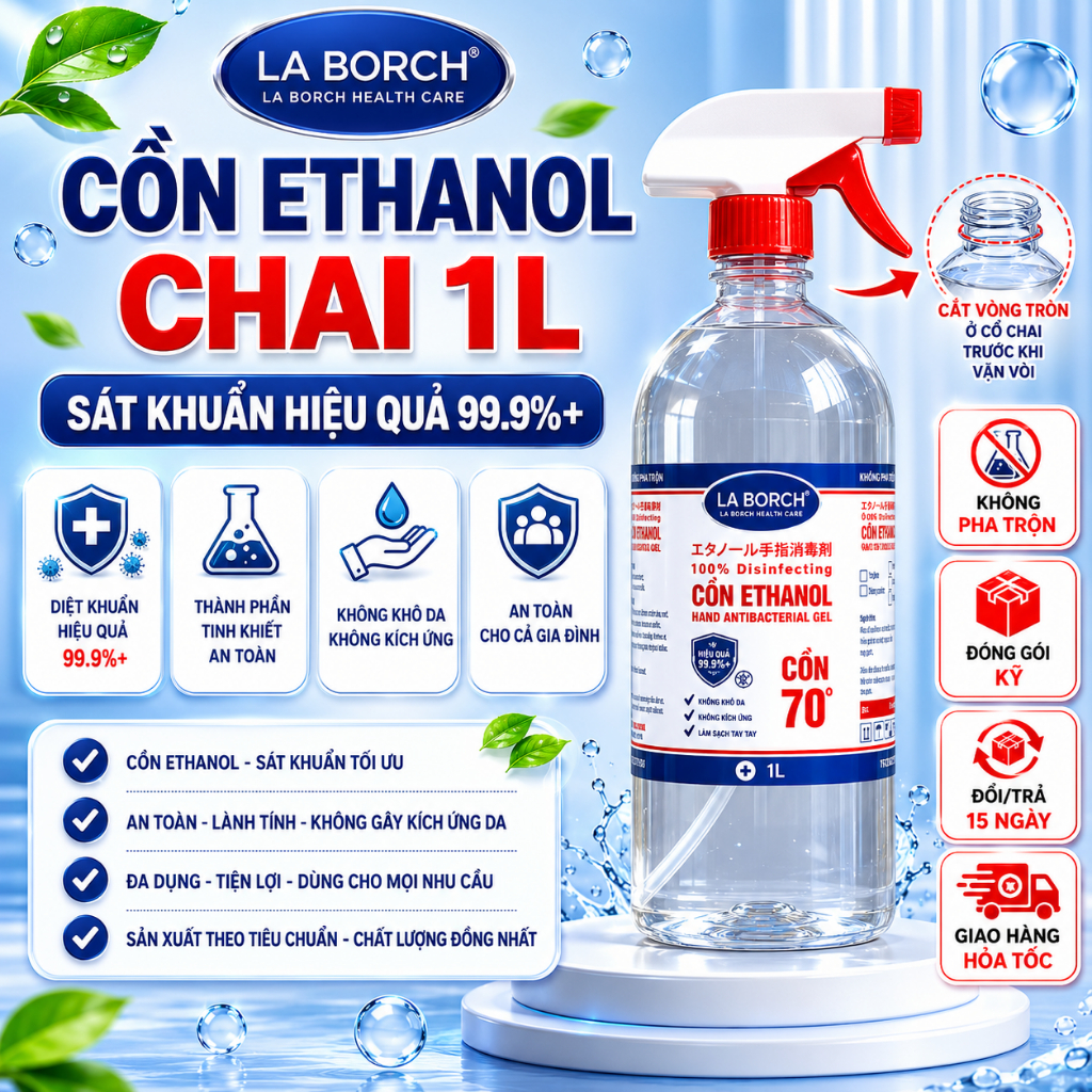 [GIAO HCM] Cồn Ethannol Y Tế Sát Khuẩn Chai 1L, Chai 500ml LaBorch | Cồn 70 Độ, Cồn 90 Độ, Cồn 96 độ