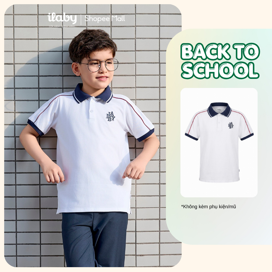 Áo polo bé trai ILABY trắng phối navy thêu logo thể thao basic [3200]