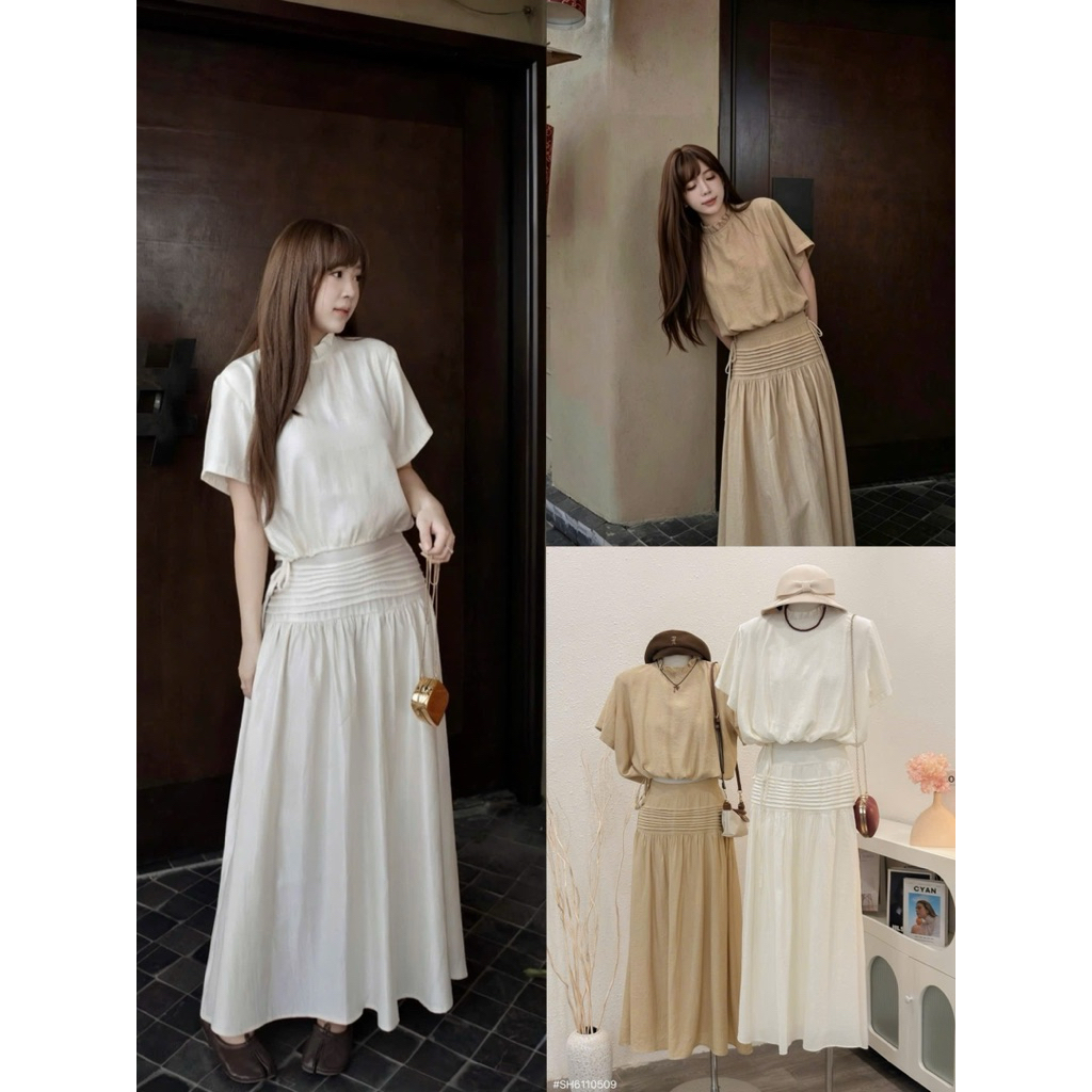 (COSY) Set áo đũi cổ bèo rút eo chân váy xếp eo xoè dài thiết kê