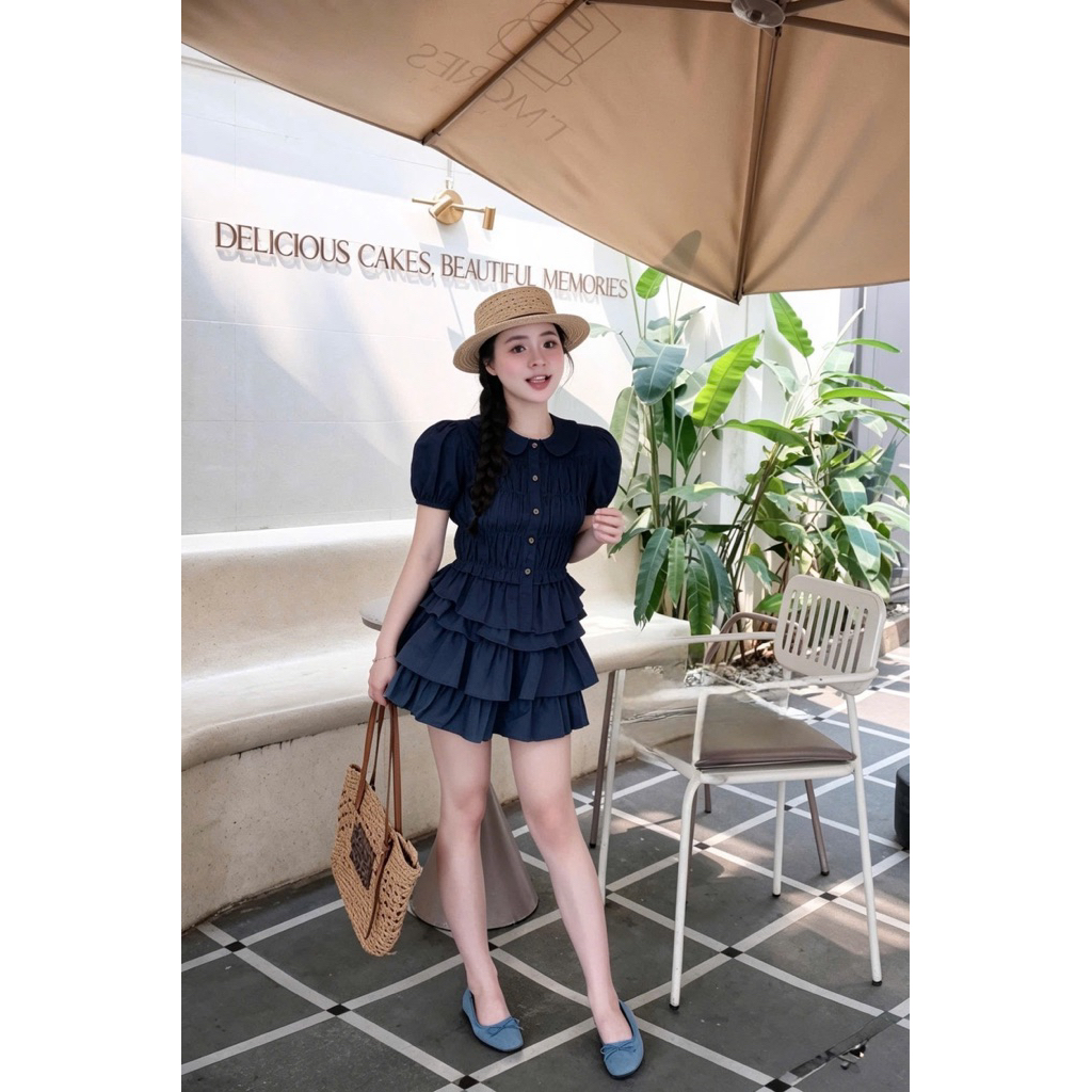 (COSY) Set áo jeans xanh cổ sen cúc gỗ kèm chân váy xoè tầng