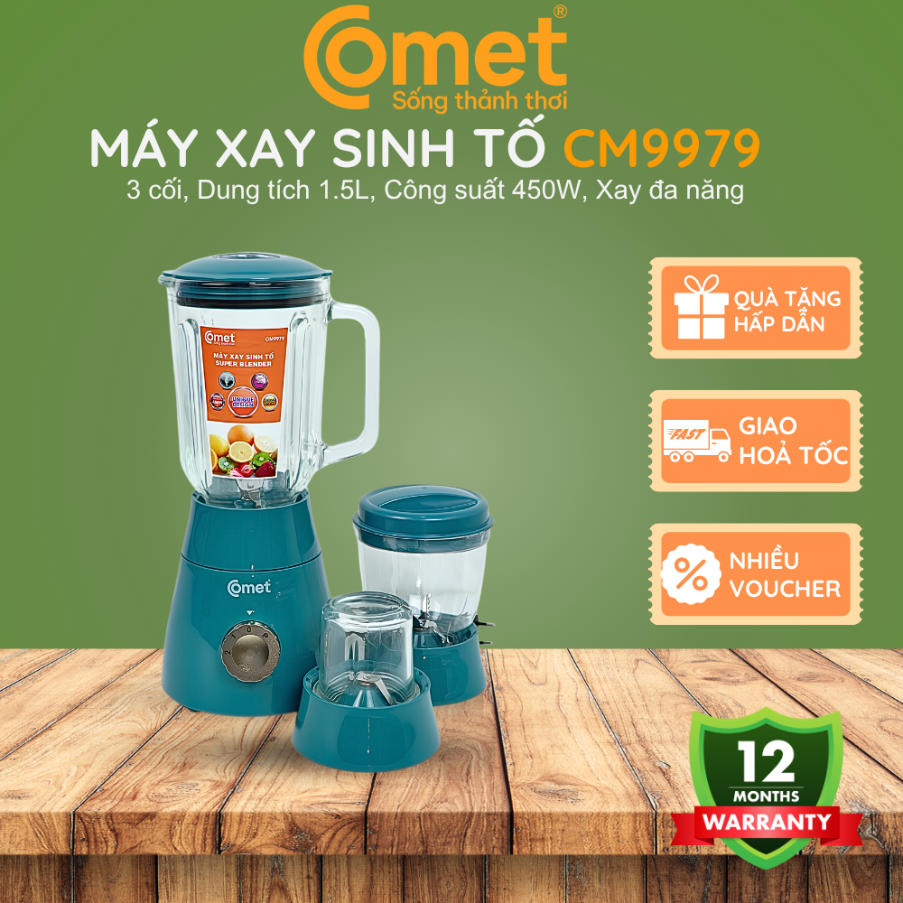 Máy xay sinh tố Comet CM9979, 450W, 3 cối đa năng, 1.5L,đa dụng tiện lợi