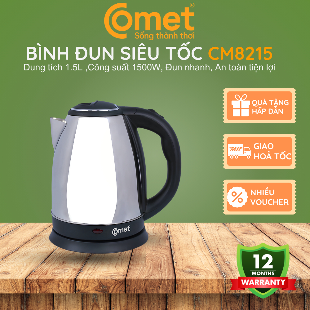 Bình đun siêu tốc Comet CM8215, 1.5L, 1500W, đế xoay 360 độ, inox đun nước nhanh, tự ngắt an toàn gi