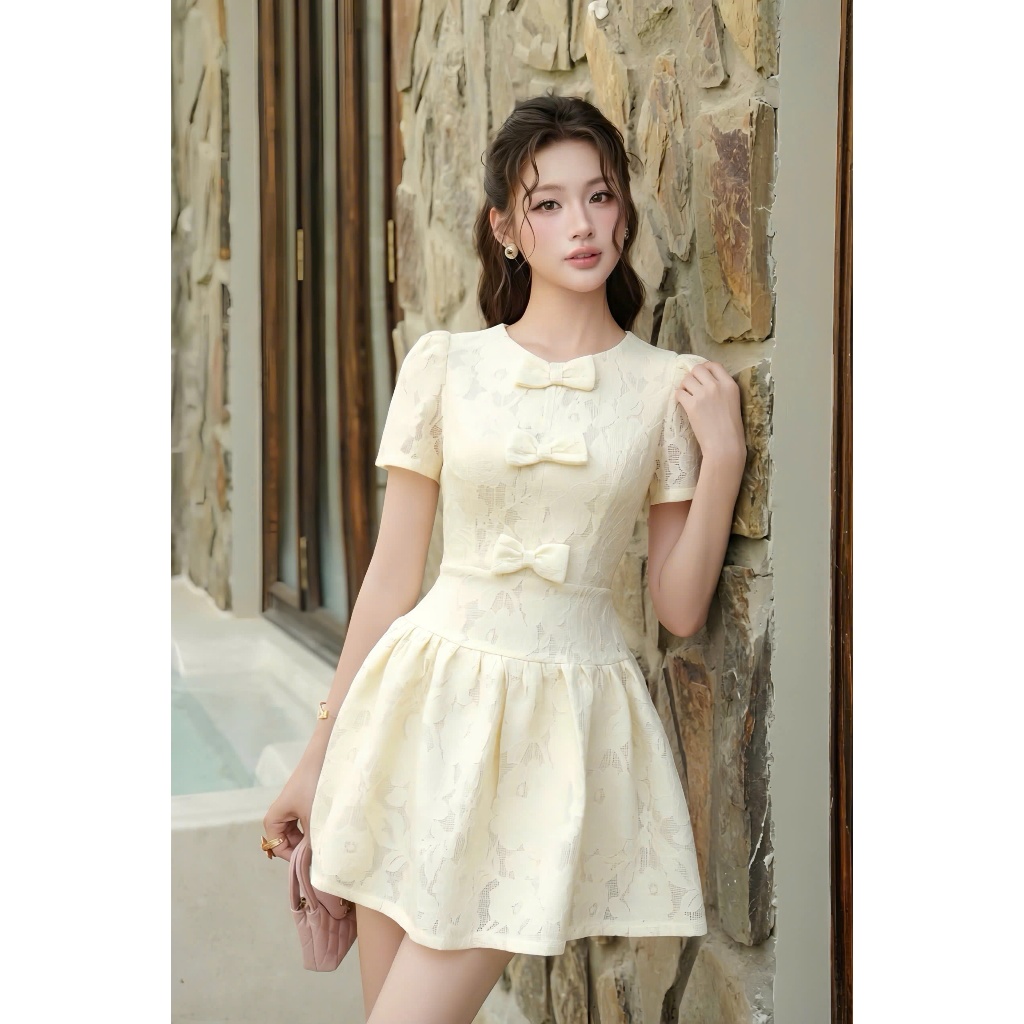 Váy ren ép phối nơ dáng xoè - G78