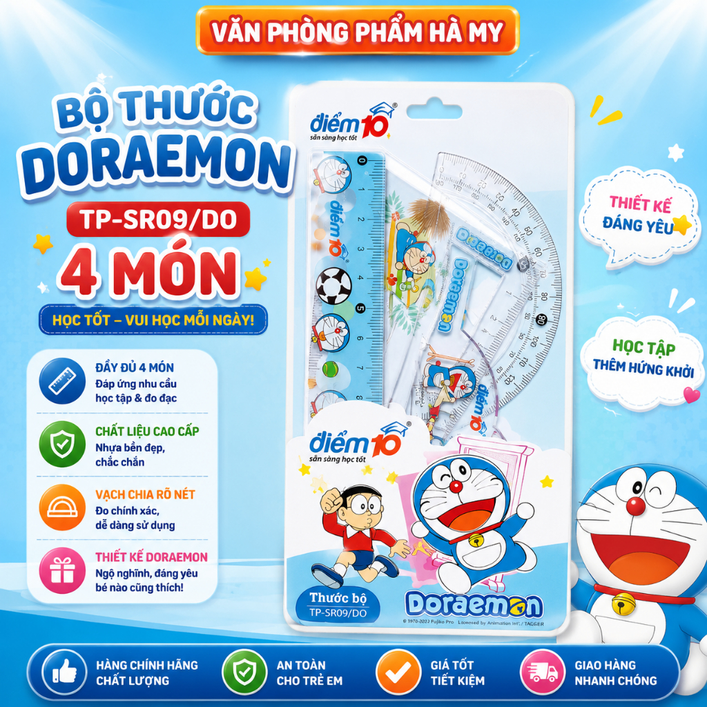 Thước Bộ Điểm 10, Bộ Thước 4 Món Hình Doraemon TP-SR09/DO Thiên Long