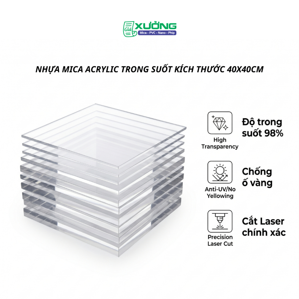 [40x40cm] Tấm Nhựa Mica Acrylic Trong Suốt Đài Loan Cắt Laser Kích Thước 40x40cm Độ Dày 2mm-10mm