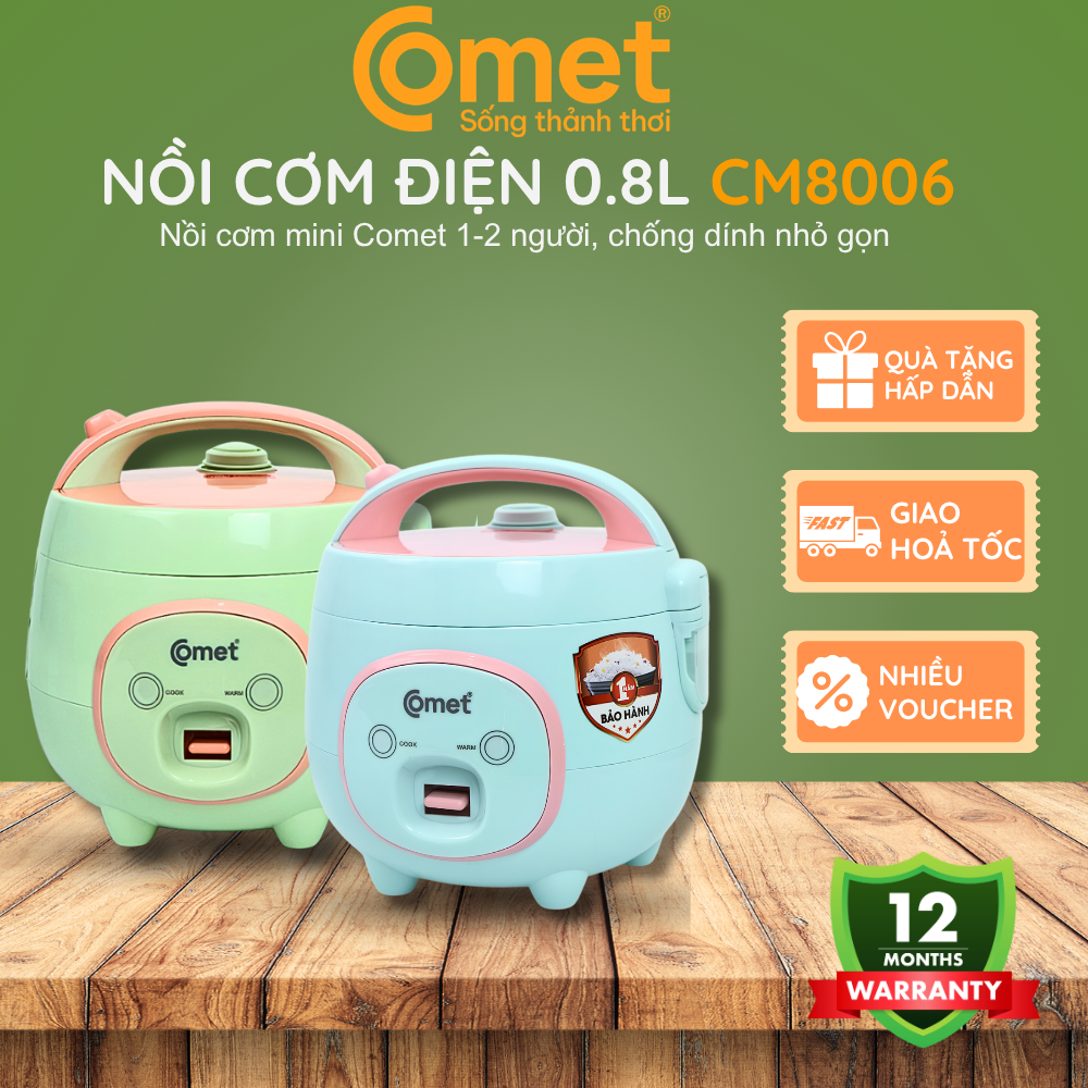 Nồi Cơm Điện Mini Comet CM8006 0.8L Nắp Gài, Lòng Nồi Chống Dính, Nấu Cơm Nhanh, Giữ Ấm Lâu, Thiết K