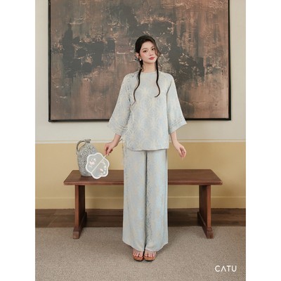 TUBYCATU Set Bà Ba Thanh An Chất Tơ Lụa Họa Tiết Cao Cấp (SET XANH ĐẬM)